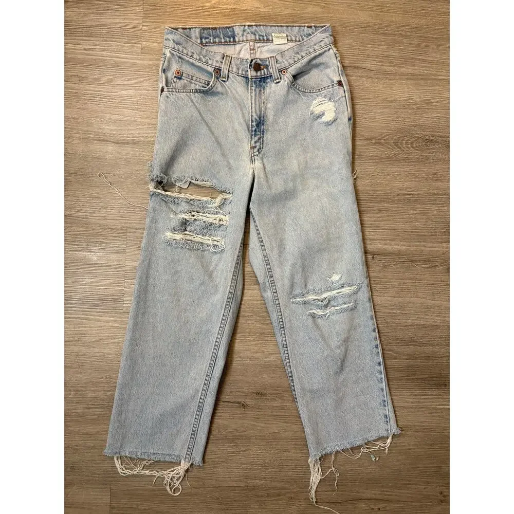 Vintage 80s Orange Tab Levi's 505 Jeans Thrashed Distressed Cropped 28x25 Grunge